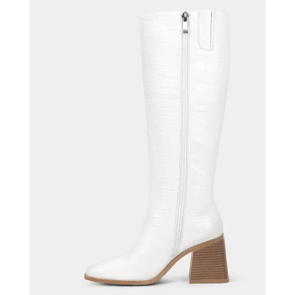 Women Crocodile White Polyurethane Knee High Square Toe Block Heel Tall Boots